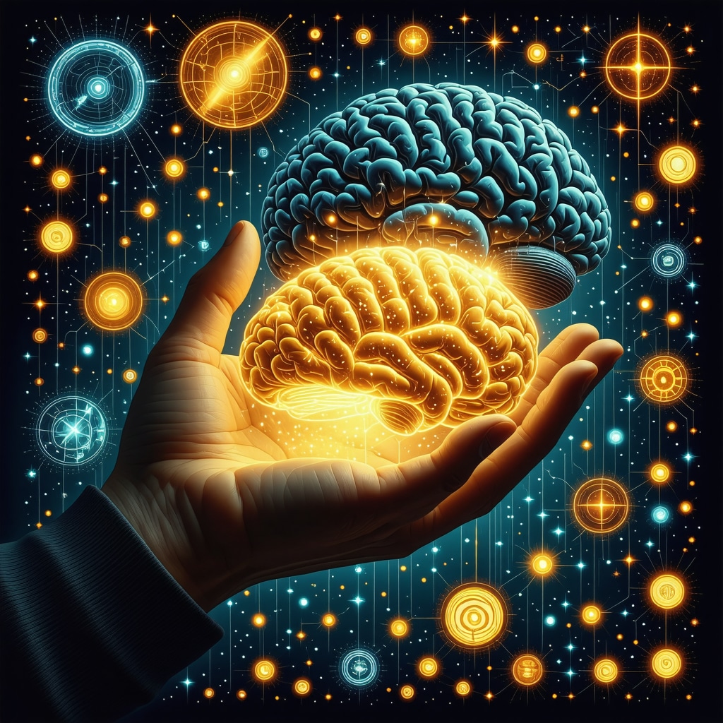 Hand holding glowing symbolic object with neural brain connections background
