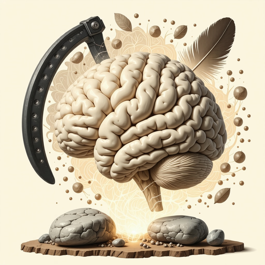 Illustration combining human brain regions and symbolic objects such as horseshoe and feather to represent the neuroscience of agüeros