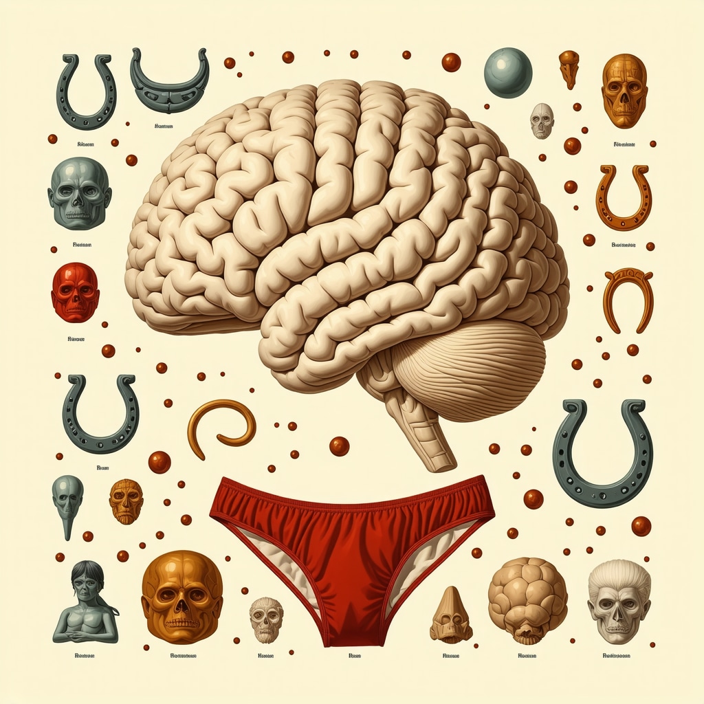 Human brain highlighting areas involved in superstition belief with cultural superstition symbols like horseshoe and red underwear