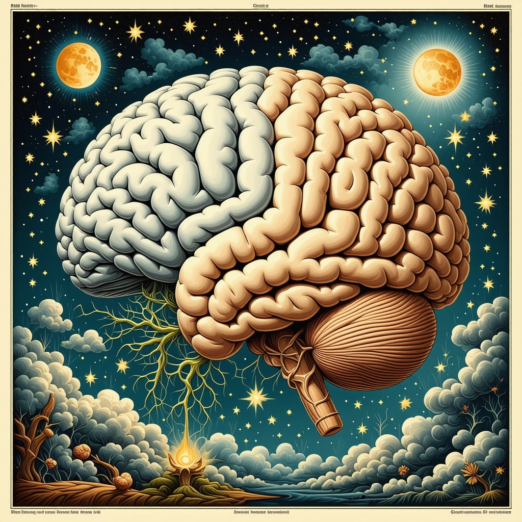 Brain with highlighted areas representing emotional regulation and symbolic dream imagery