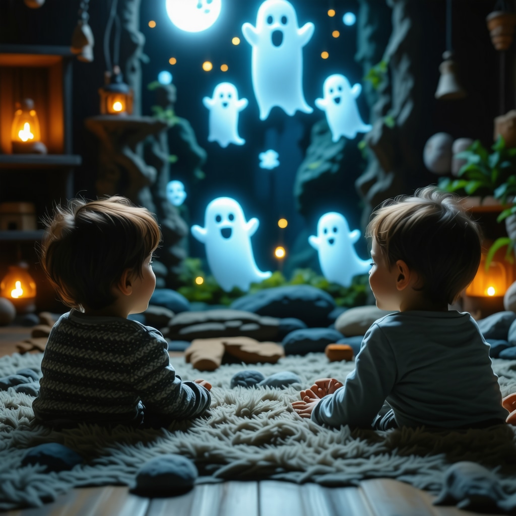 Niños escuchando leyendas de terror adaptadas con tecnología de realidad aumentada en un ambiente acogedor