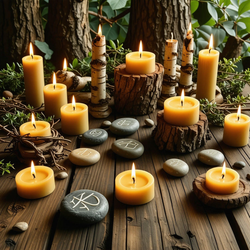Beeswax candles, birch branches, and runic stones arranged on a wooden altar in a Nordic forest setting