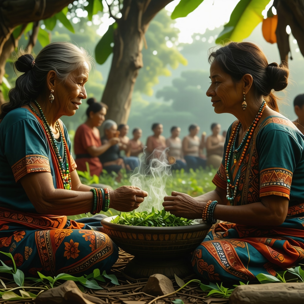Paraguayan Community Ceremony Integrating Tradition and Technology Paraguayan community members participating in a ceremony combining traditional rituals and modern technology amidst natural surroundings