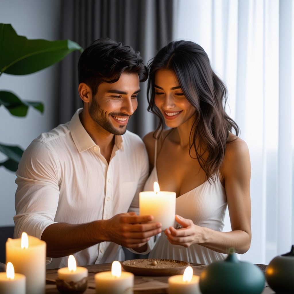 Pareja moderna practicando un ritual ancestral en ambiente contemporáneo e íntimo