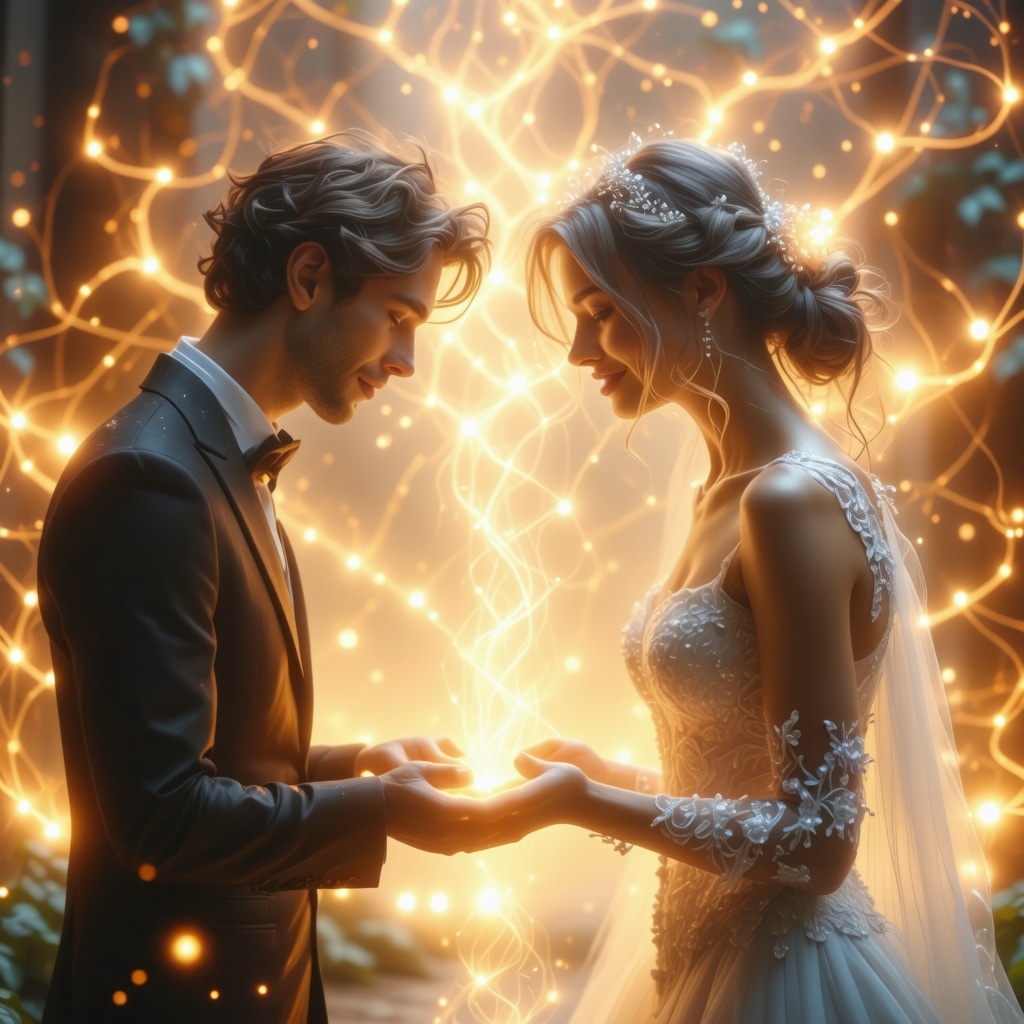 Pareja en ritual simbólico con luces ambientales y campos energéticos que representan conexión emocional y energética