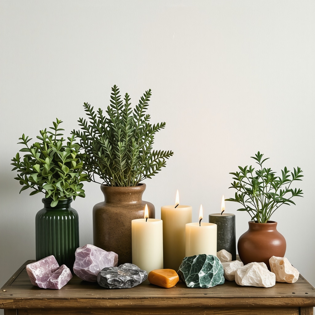 Personal altar featuring plants, crystals, candles, and earthy colors symbolizing spiritual energy
