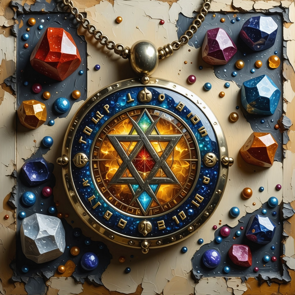 Jewish amulet featuring Hebrew gematria numbers and Kabbalistic colors placed in a contemporary office environment