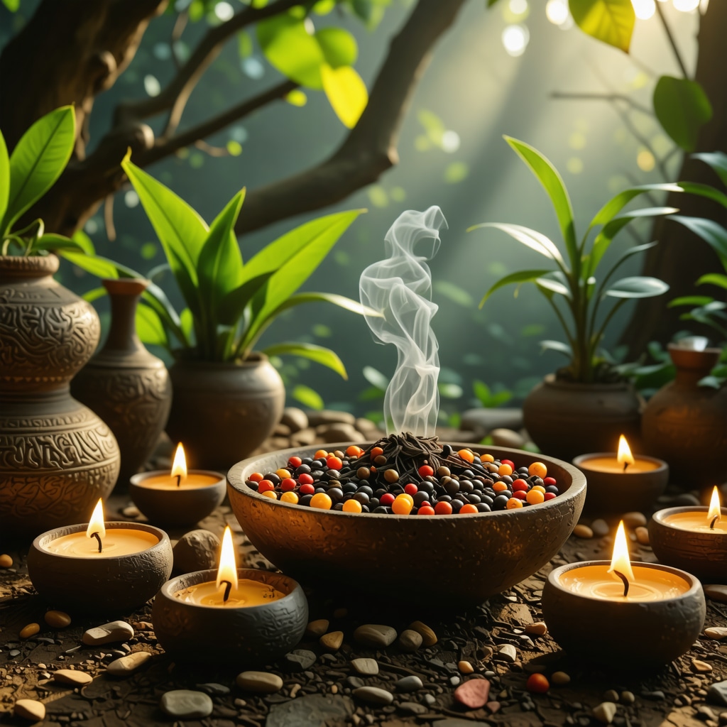 Traditional prehispanic ritual with copal incense and ancient symbolic plants at dawn