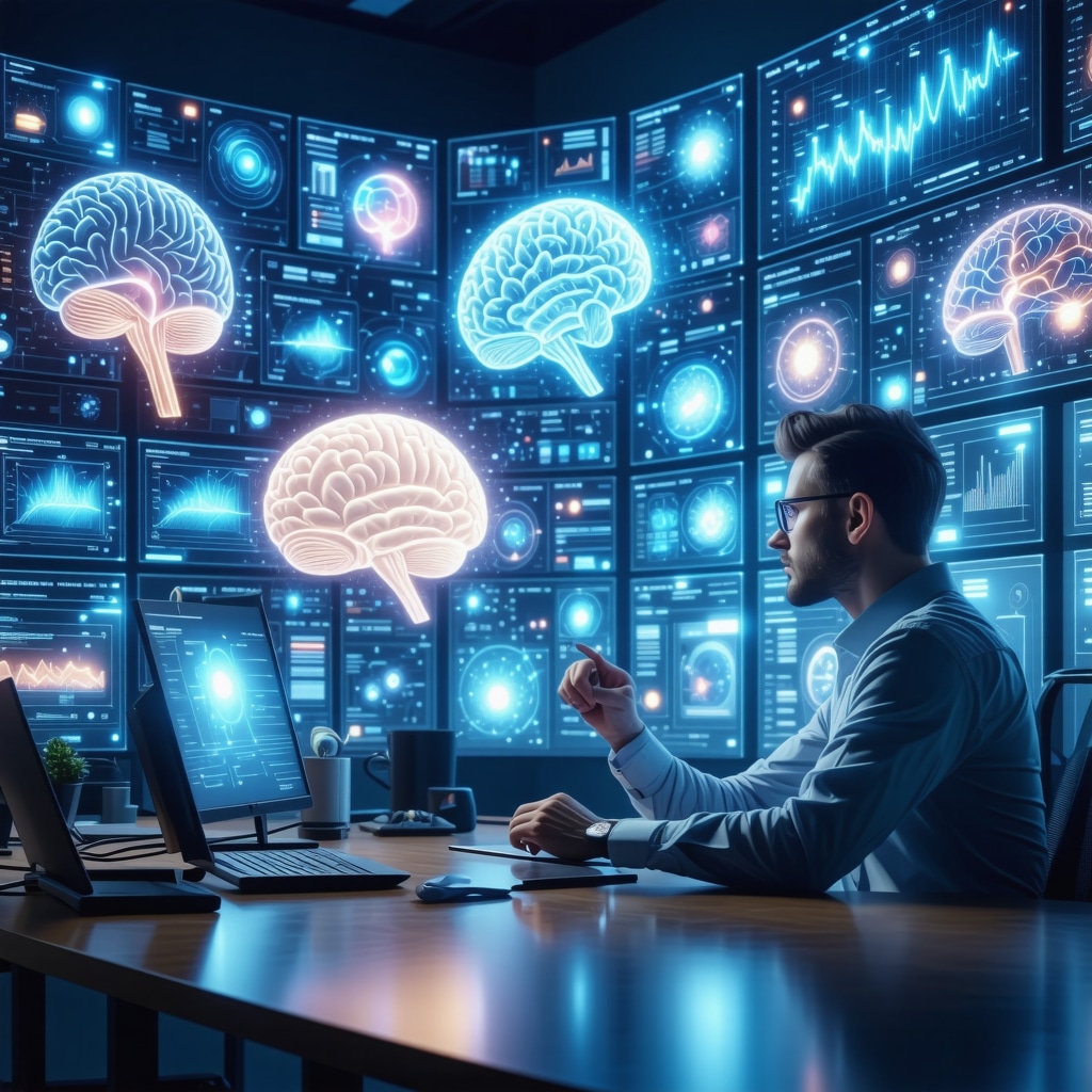 Profesional analizando datos y gráficos digitales que representan neurociencia y análisis predictivo en el trabajo