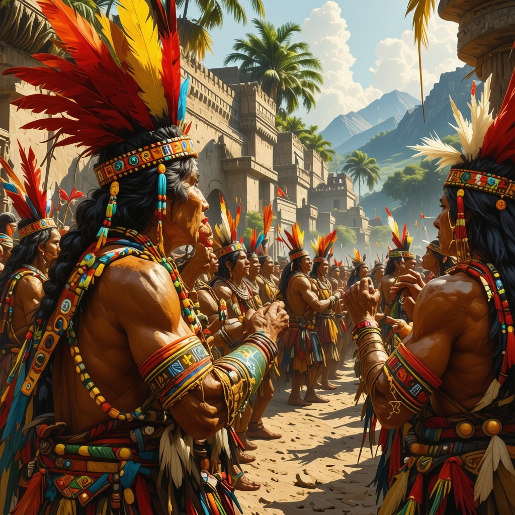 Comunidad indígena mexicana realizando ritual azteca con elementos digitales y símbolos tradicionales