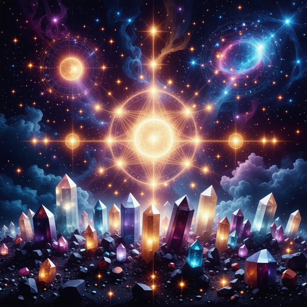 Ilustración de números impares brillando con partículas cuánticas y símbolos astrológicos en un fondo cósmico