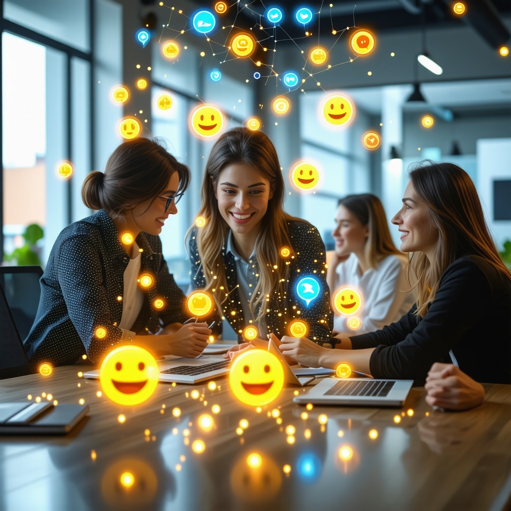 Ilustración de profesionales interactuando con símbolos digitales holográficos en un espacio de trabajo moderno