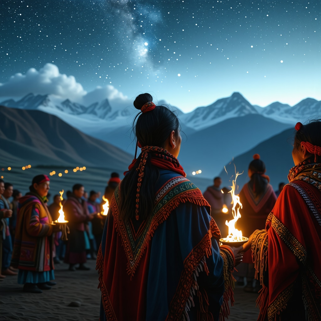 Comunidad andina realizando ritual tradicional bajo cielo nocturno con luces simbólicas de La Luz Mala