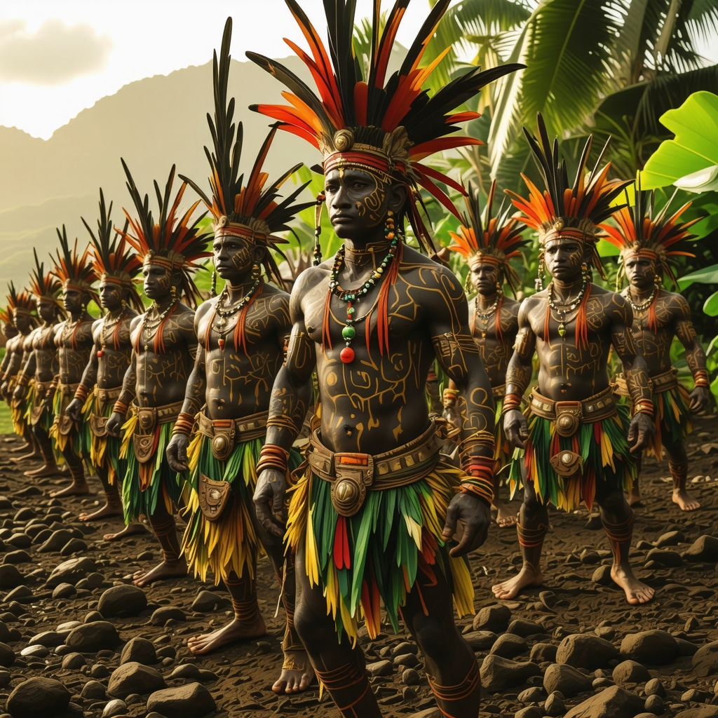Traditional Oceanic ritual dancers with tattoos and amulets in a natural setting symbolizing spiritual and ecological balance