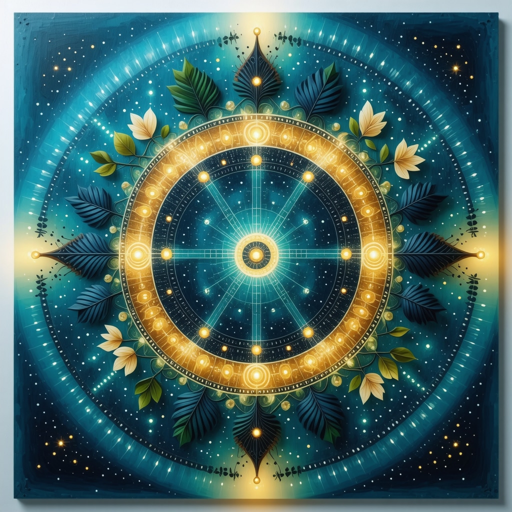 Illustration of a traditional Uruguayan ritual circle with mandalas and plants emitting symbolic glowing energy lines
