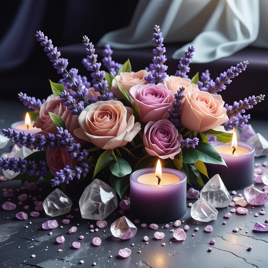 Arrangement of lavender, neroli, and damask rose flowers with crystals and candles in meditation setting
