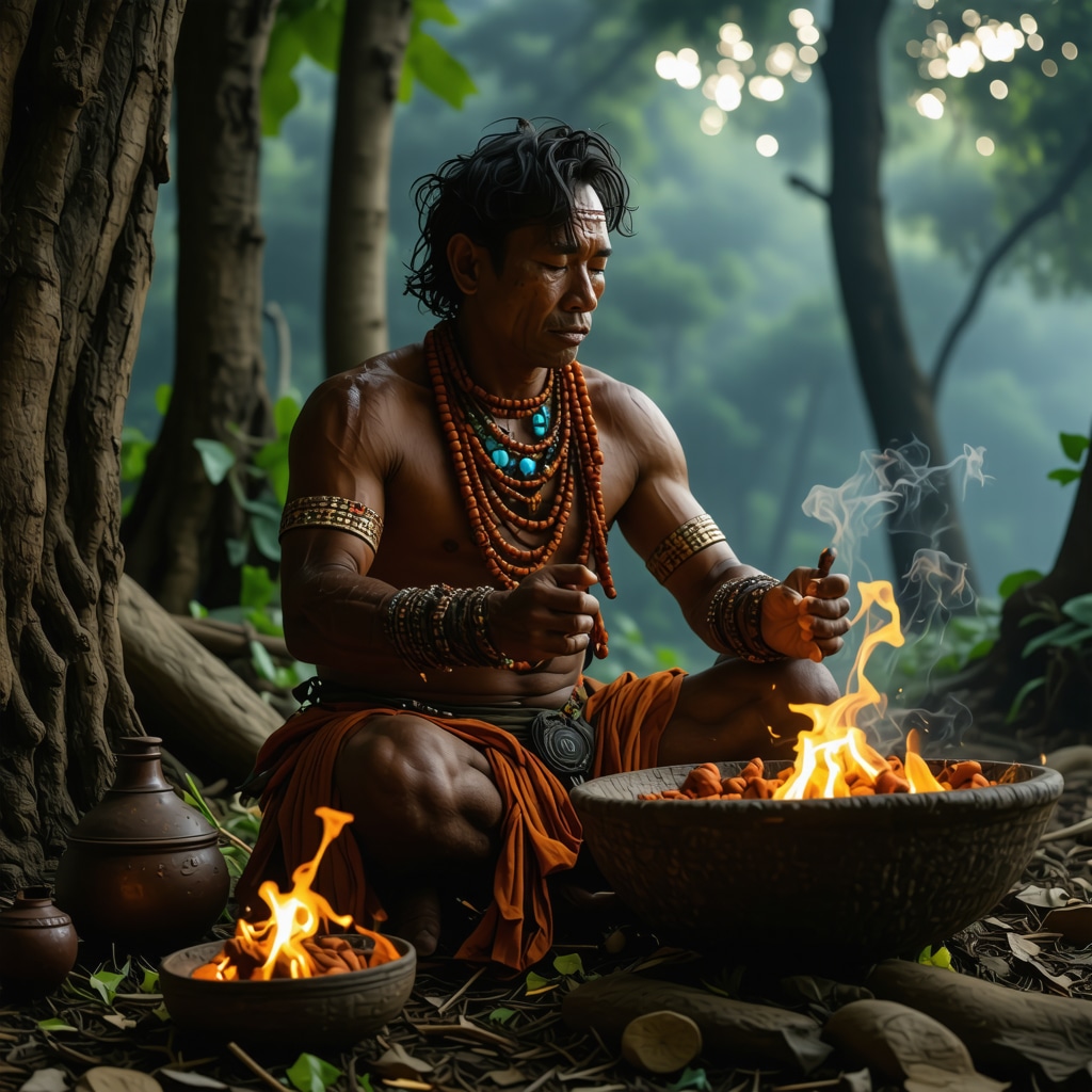 Maya shaman performing copal incense ritual in forest clearing