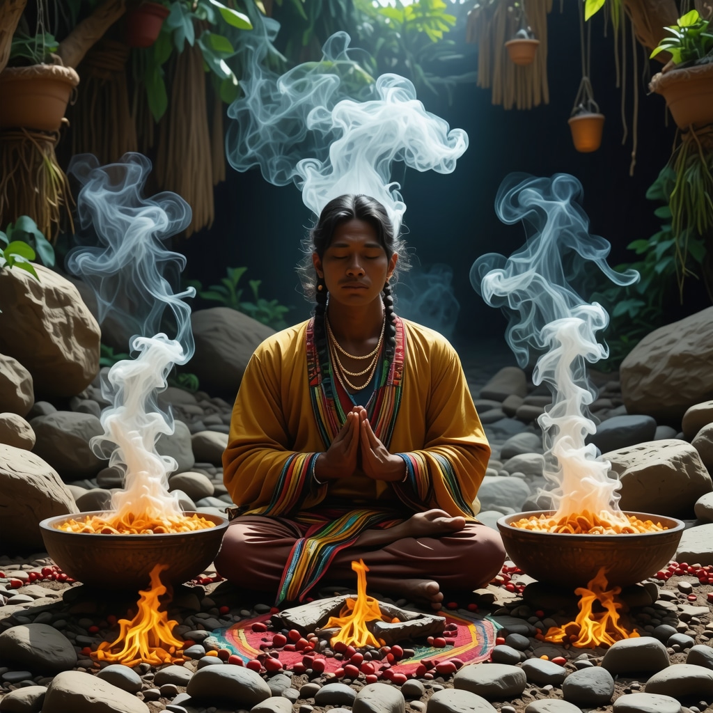 Persona meditando en un entorno natural con humo de copal y sarapes coloridos representando ritual ancestral mexicano