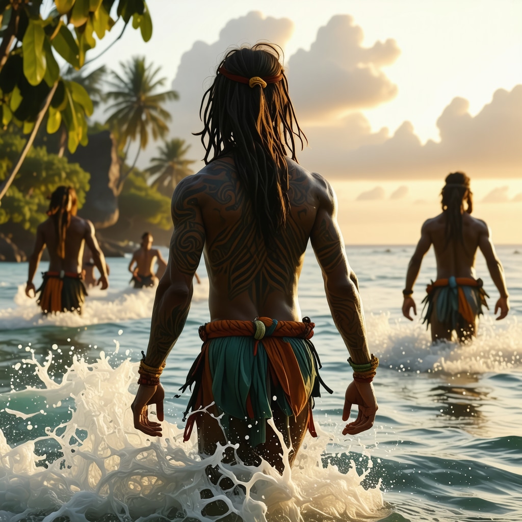 Comunidad de Oceanía realizando un rito ancestral con tatuajes y amuletos en un paisaje natural al atardecer