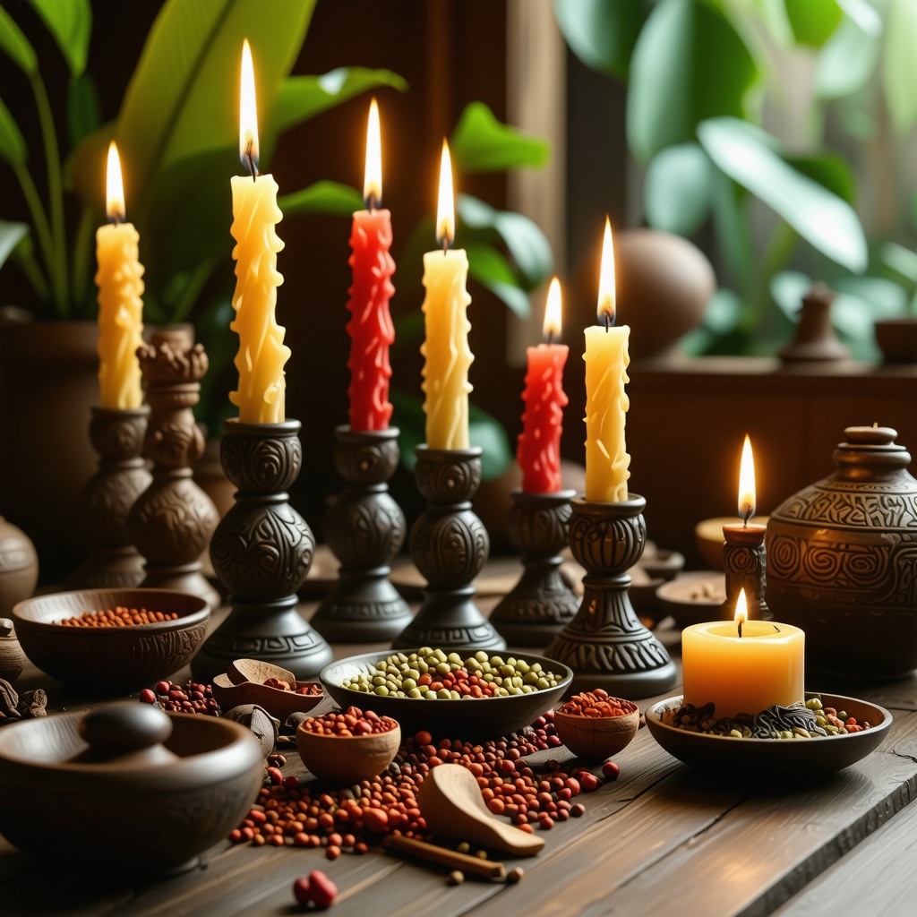 Ritual Puertorriqueño Ancestral con Velas y Símbolos Espirituales Detalle de un ritual tradicional puertorriqueño con velas y símbolos espirituales mostrando la resiliencia cultural