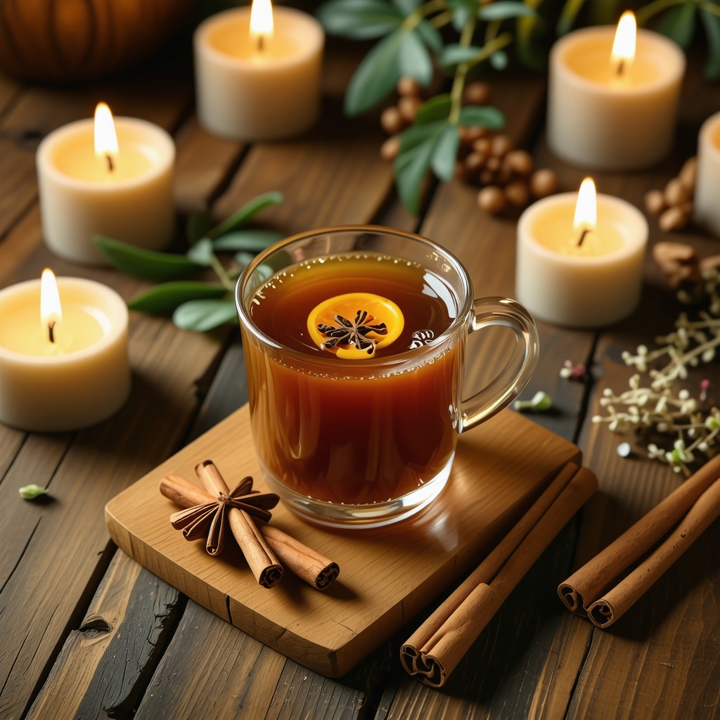 Glass of spiced tea with cinnamon and honey surrounded by candles and herbs representing traditional beverage rituals
