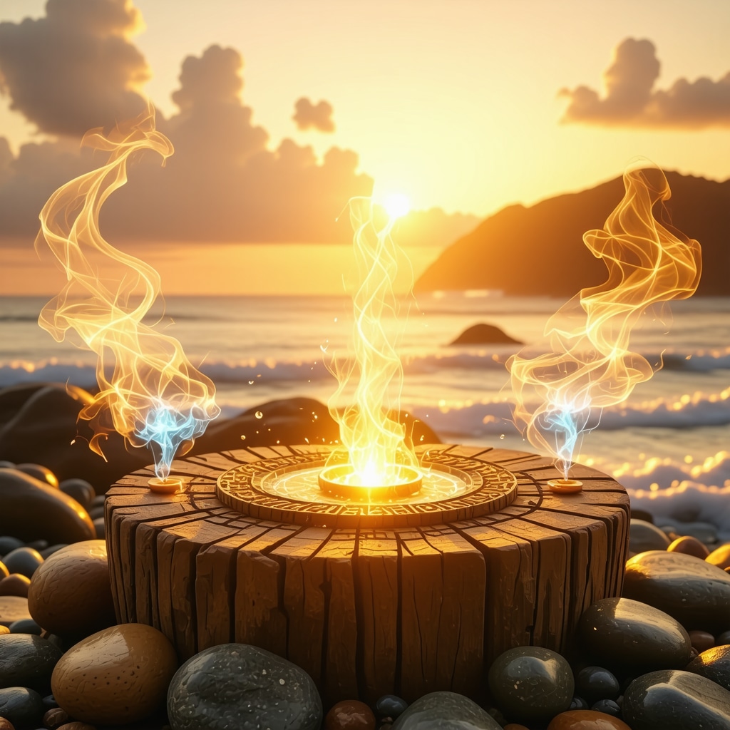 Amuleto protector brillante en altar de madera rodeado por fuego, agua, tierra y aire durante el equinoccio