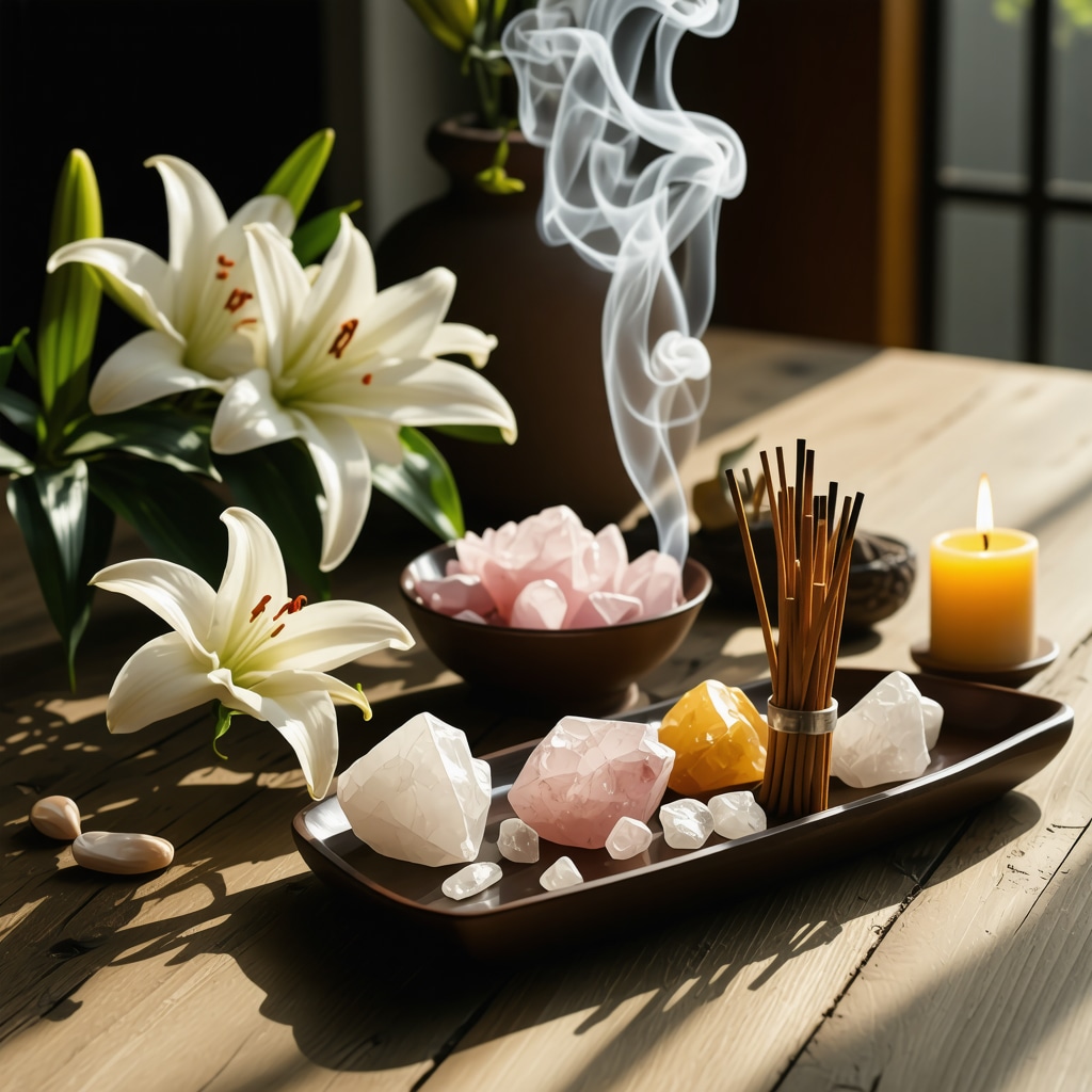 Mesa con flores, cristales y varitas de incienso en un ambiente espiritual y armonioso
