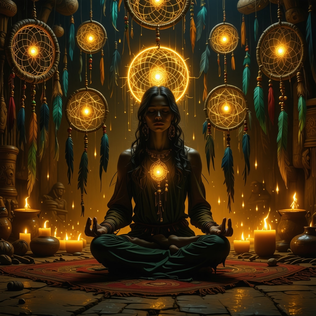 Ritual combining ancient and modern practices to enhance dream symbolism interpretation Person meditating surrounded by dreamcatchers and glowing symbolic imagery representing dream interpretation