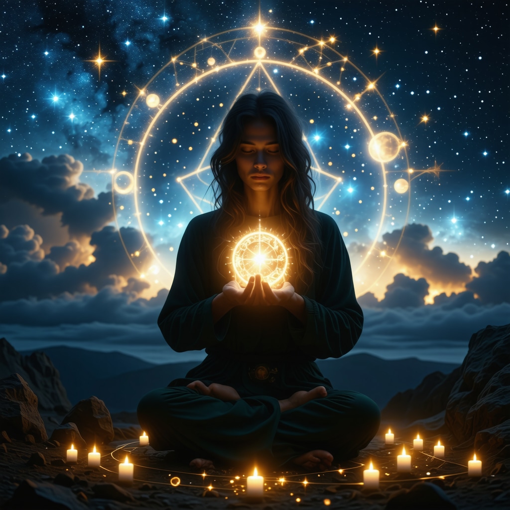 Ritual cósmico moderno con amuleto de Orión y geometría sagrada bajo cielo estrellado Persona meditando al aire libre con amuleto de Orión y patrones de geometría sagrada bajo un cielo estrellado