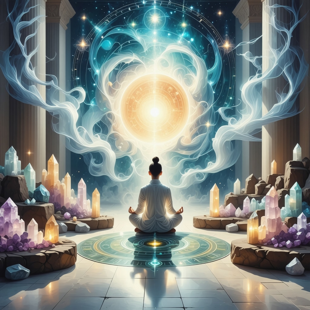 Escena de ritual con aire mostrando geometría sagrada, cristales y corrientes de viento en espacio armonioso