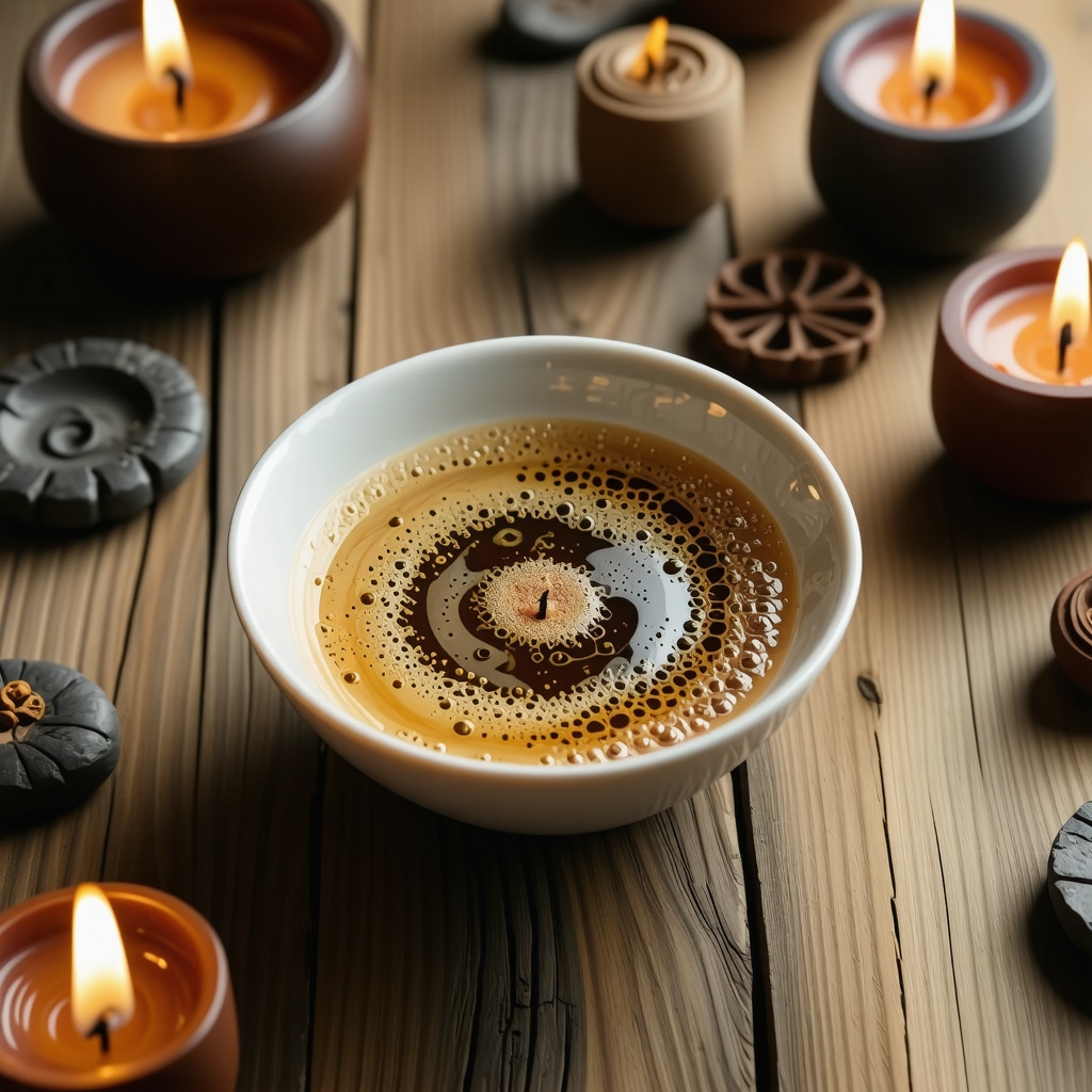 Copa de té con residuos formando patrones, velas y objetos simbólicos para una lectura profunda