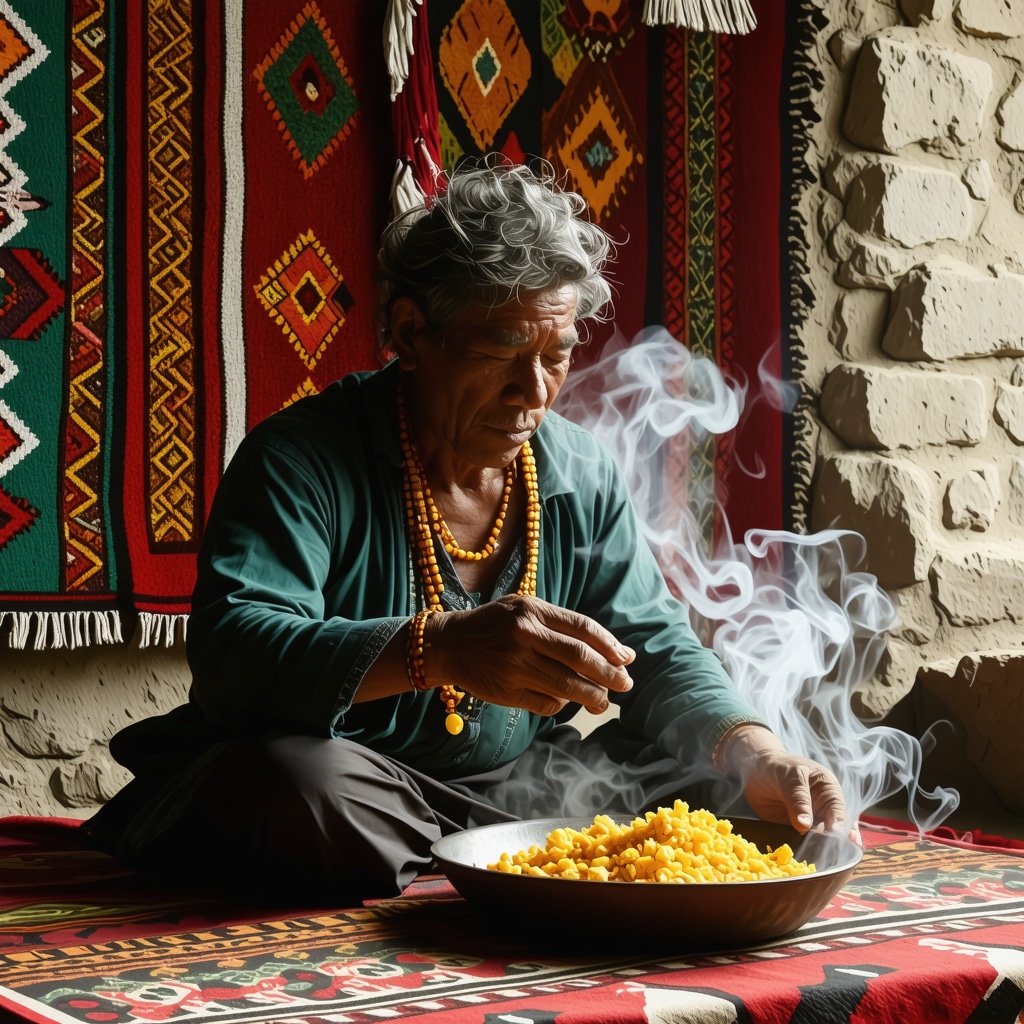 Escena de ritual de limpia con humo de copal y textiles tradicionales en Guatemala