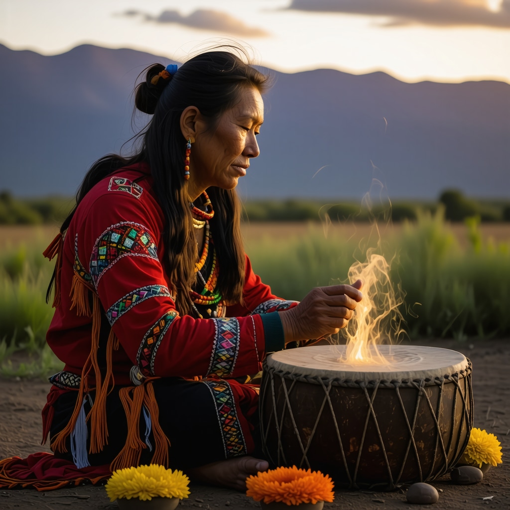 Persona realizando un ritual espiritual chileno con símbolos ancestrales y plantas nativas bajo cielo crepuscular
