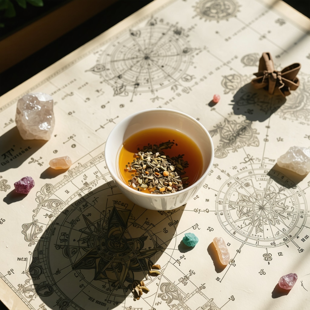 Cup of herbal tea surrounded by crystals and astrological charts symbolizing spiritual and cosmic energy