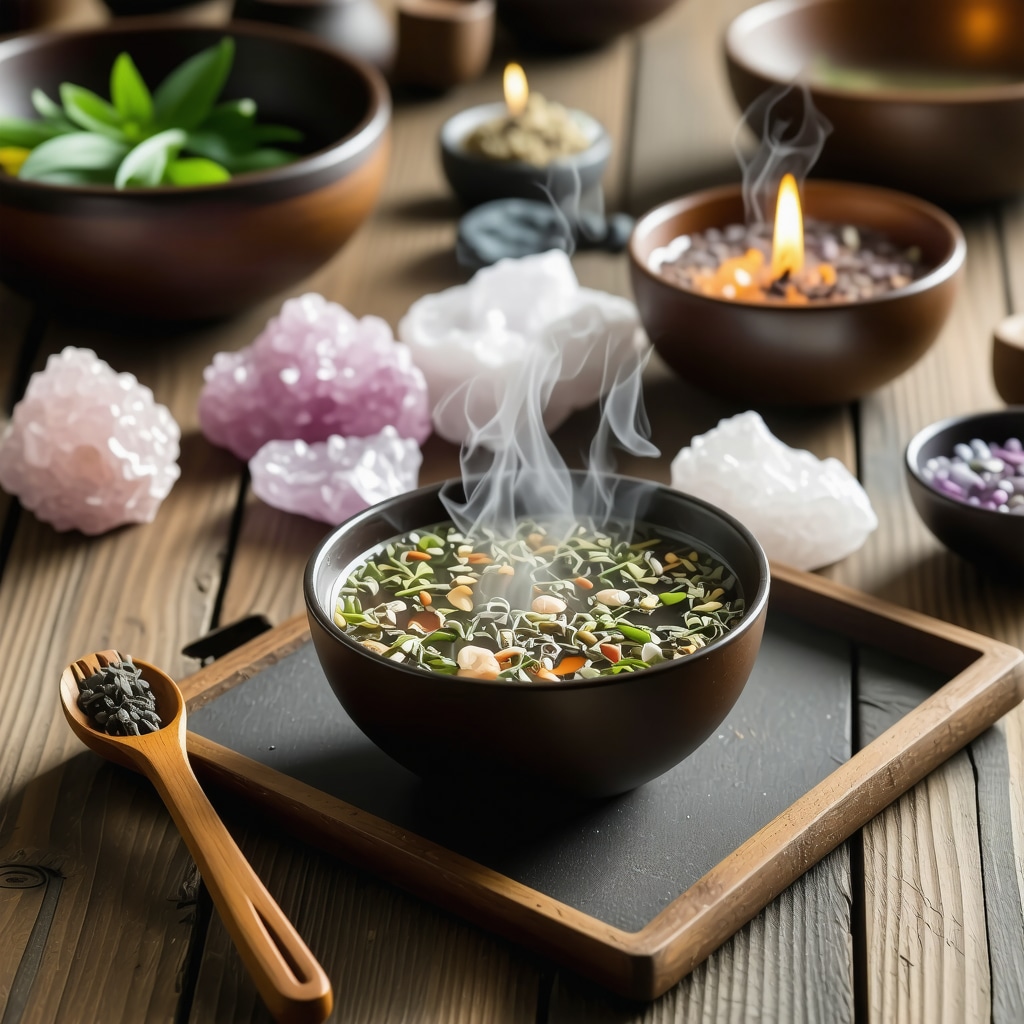 Crystals, wooden utensils, steaming herbal tea cup, and sound bowls in a softly lit space for beverage ritual