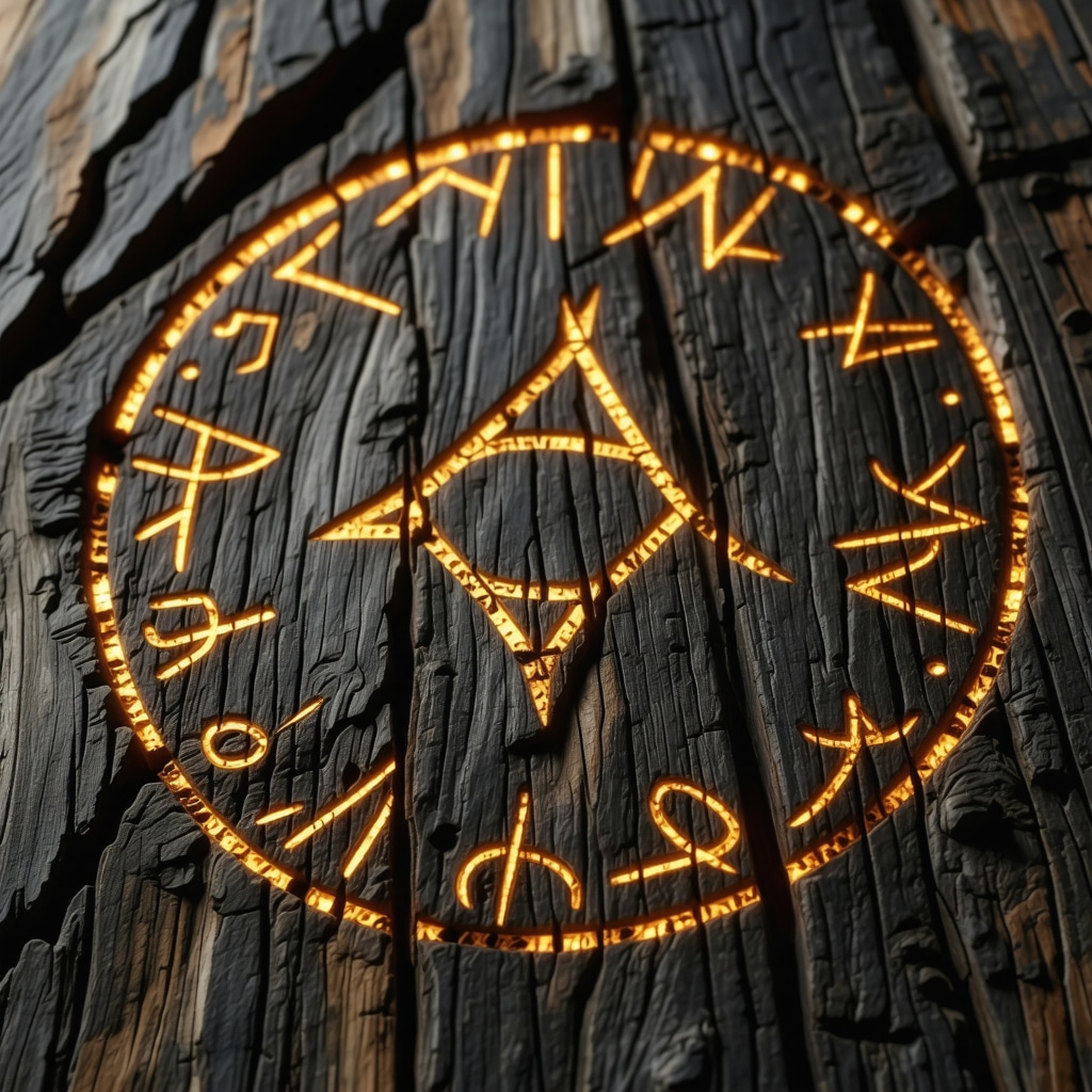 Primer plano de runas nórdicas talladas en madera antigua con luz mística