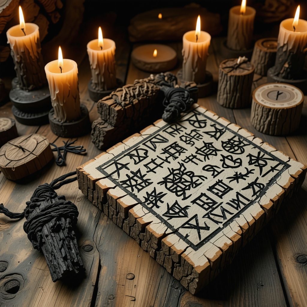 Runas nórdicas antiguas talladas en tabletas de madera con velas y objetos rituales