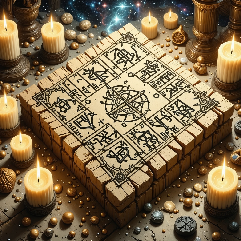 Ilustración detallada de runas nórdicas en tablas de madera con elementos rituales y un fondo cósmico místico