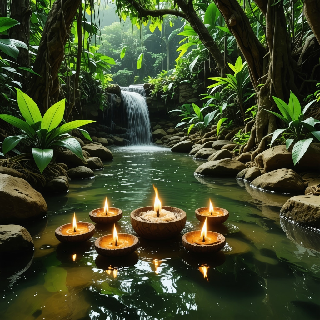 A sacred spring in the Philippines surrounded by ritual offerings and native plants symbolizing ancestral spiritual connection