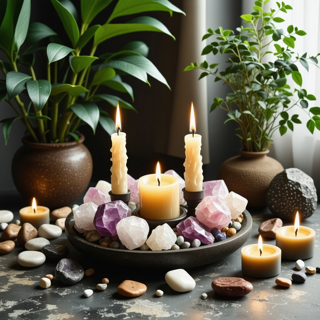 A serene sacred space with crystals, plants, candles, and prosperity symbols for September rituals
