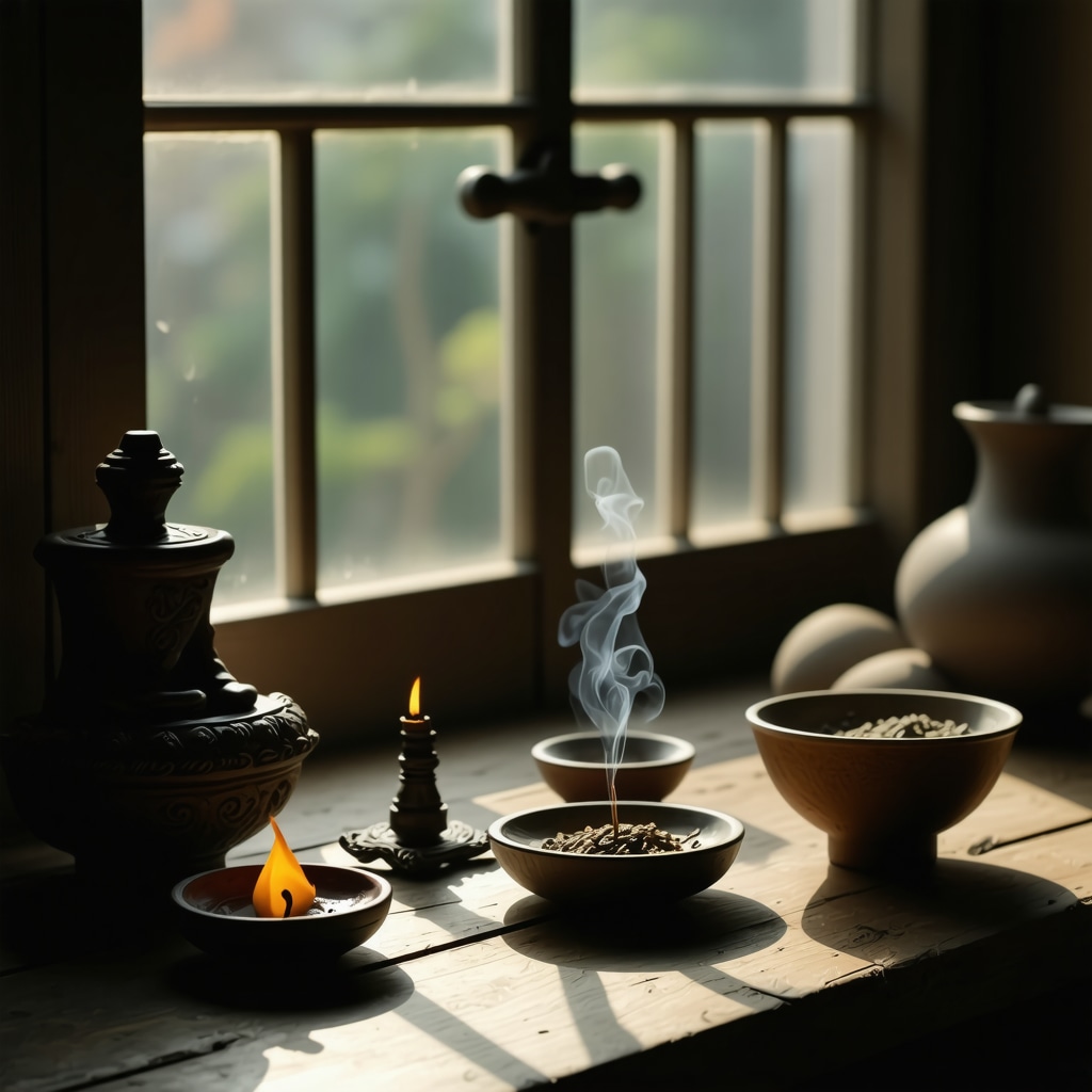 Incense burning with symbolic amulets on a wooden table during a calm Saturday morning ritual