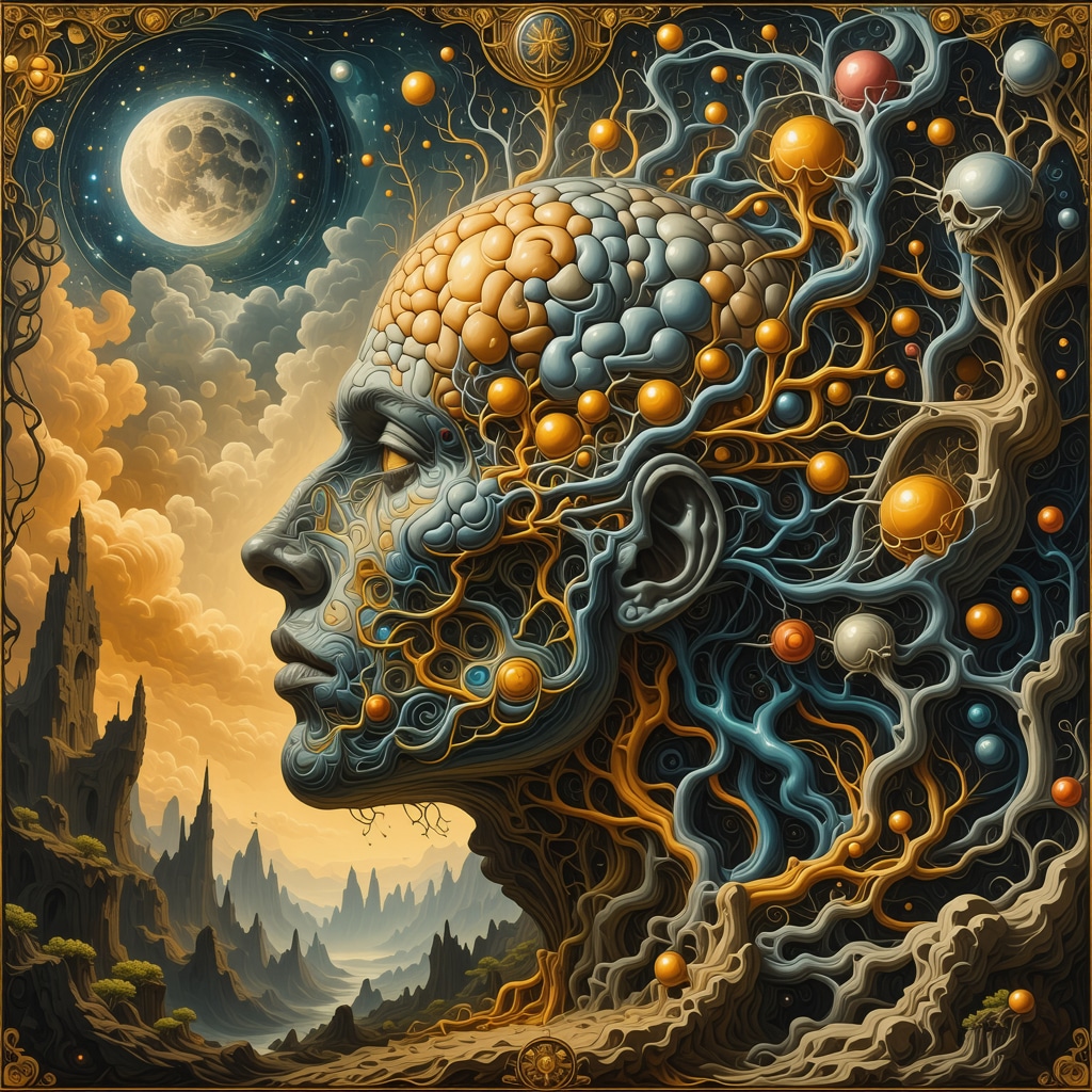 Ilustración de un paisaje onírico con símbolos mitológicos y elementos neurocientíficos