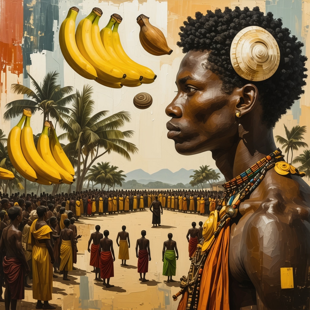 Collage representing traditional Guinean symbols intertwined with modern digital elements and community mental health