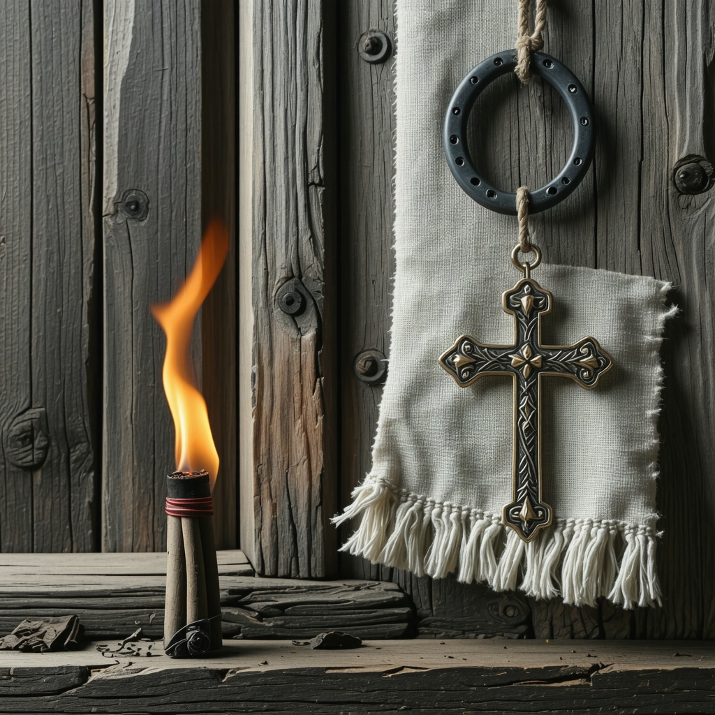 Amuletos tradicionales de buena suerte sobre un fondo natural con incienso y herradura