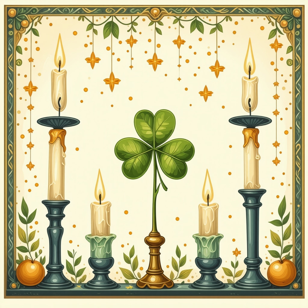 Ilustración detallada de símbolos menores tradicionales españoles como tréboles de cuatro hojas y velas encendidas en rituales familiares