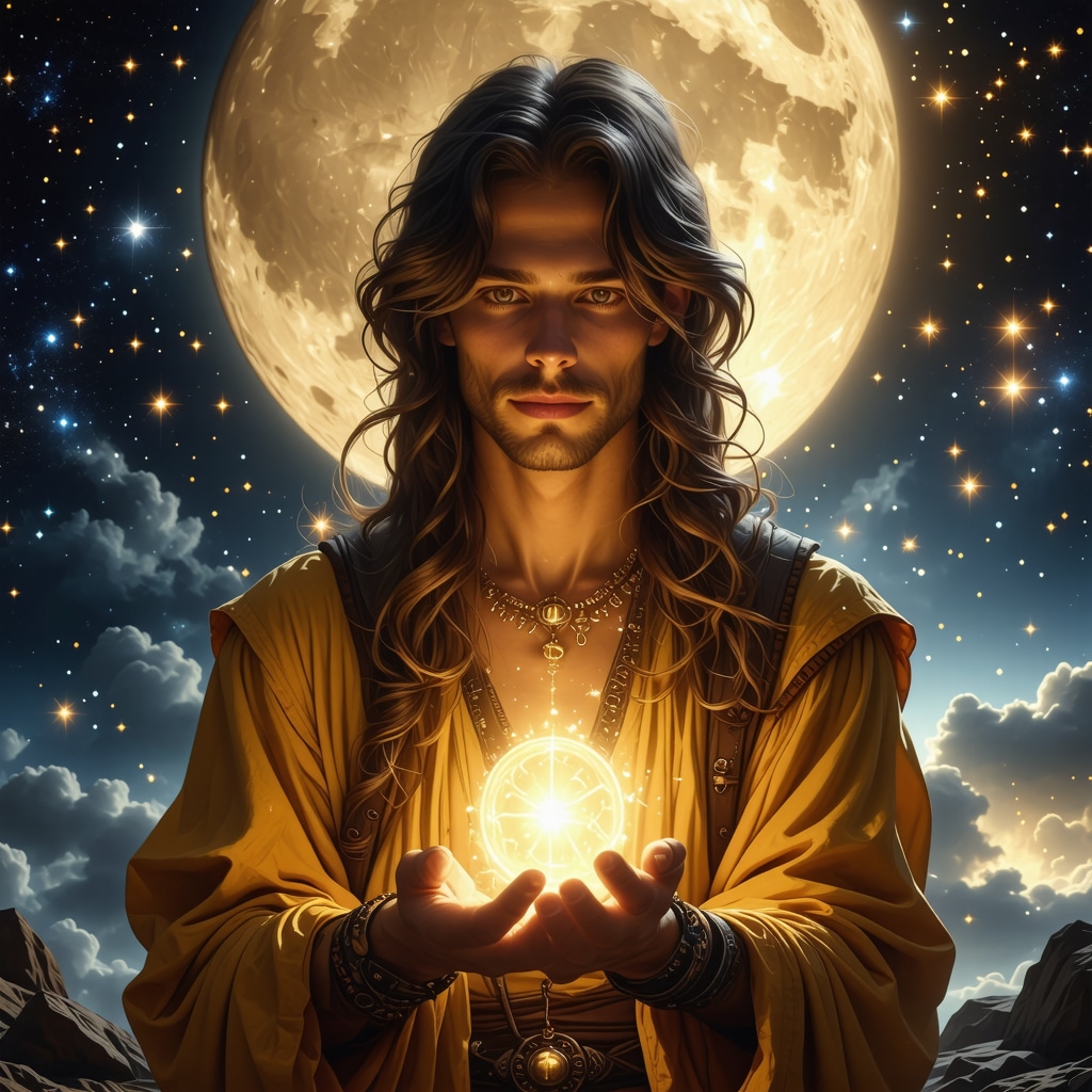 Traveler holding glowing amulet under full moon with cosmic and lunar cycle symbols
