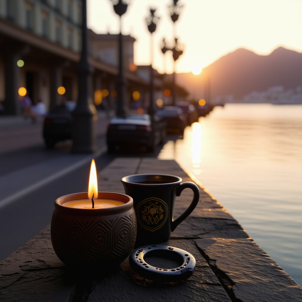 Sunrise over Montevideo’s rambla featuring traditional Uruguayan symbols like a lit candle, mate cup, and horseshoe