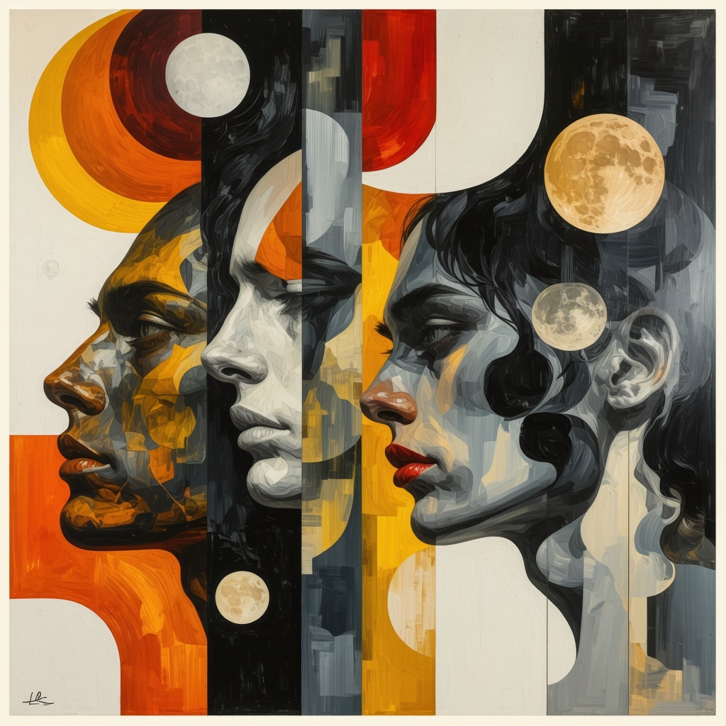 Abstract artistic representation of trickster, anima/animus archetypes and dream therapy symbols