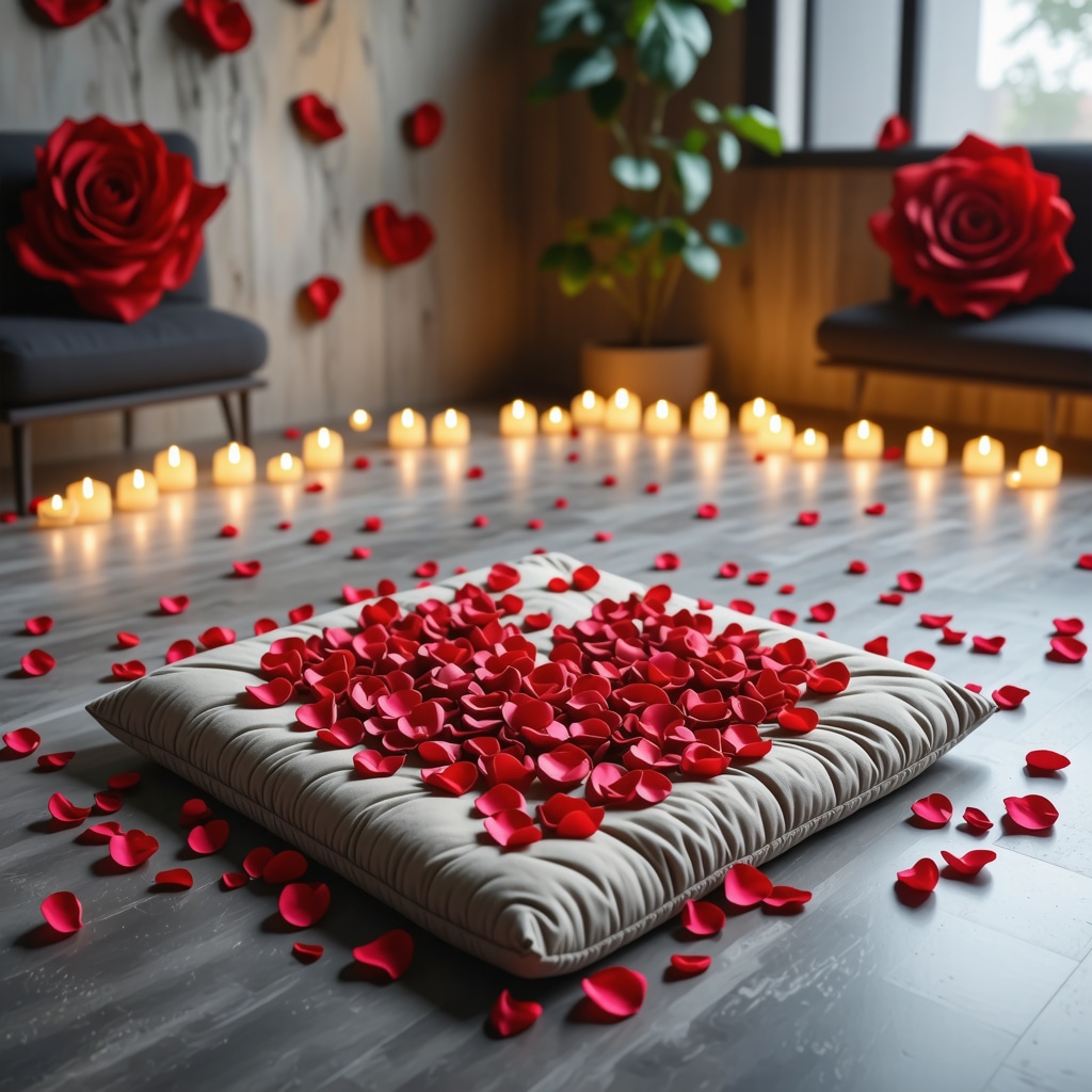 Meditation cushion with heart-shaped rose petals in a calming therapy room
