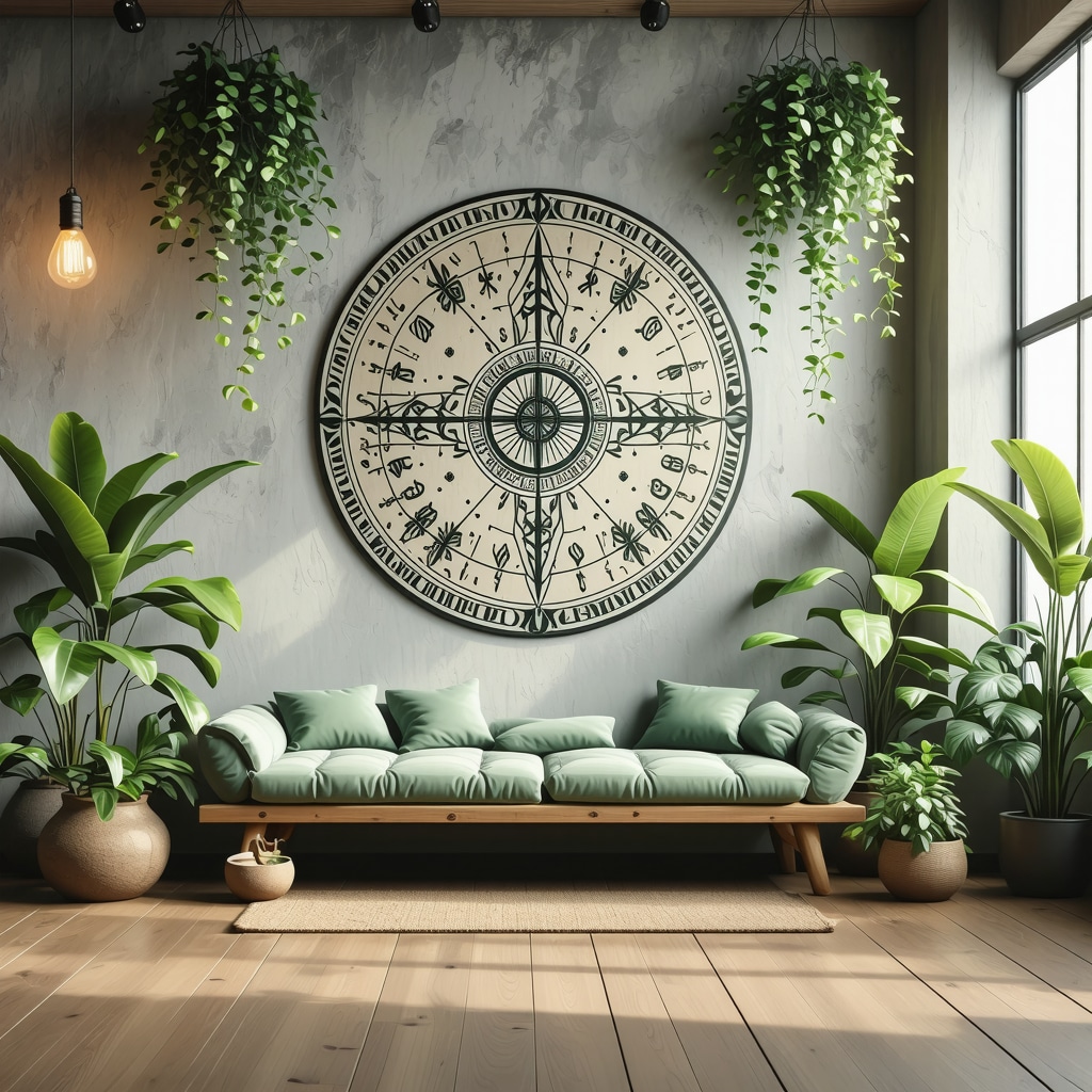 Nordic therapy room with Vegvísir and Algiz symbols, plants, and soft lighting for energy healing